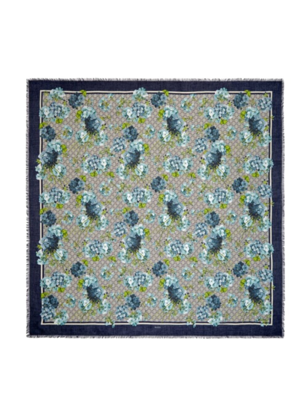 Gucci Monogram GG Logo Bloom Print Scarf Pashmina Navy Blue Green Square Floral